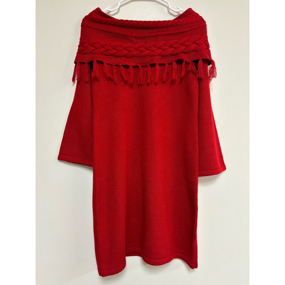 Liz Claiborne sweater dress tassels fringe braid bell sleeve red new petite M